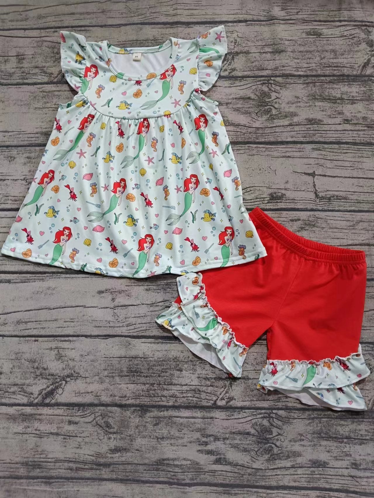 Preorder moq 5 Baby Girls Flutter Sleeves Mermaid Fishes Tunic Red Ruffle Short Set