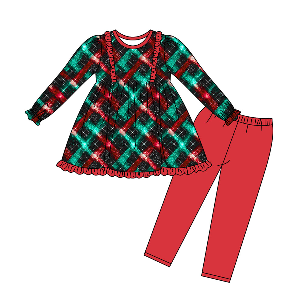 Baby Girls Christmas Green Red Checkered Ruffle Tunic Legging Clothes Sets Preorder(moq 5)