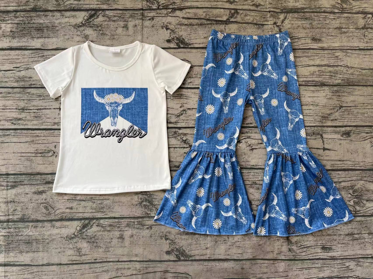 Baby Girls Cow Flowers Western Top Bell Pants Clothes Sets