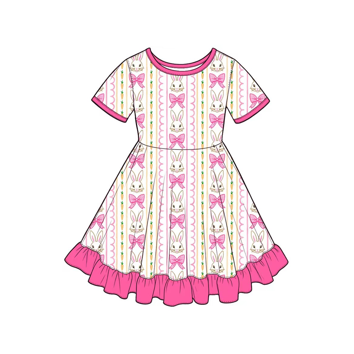 Preorder(moq5) Cute Easter Girls Short Sleeve Ruffled Hem A-Line Dress