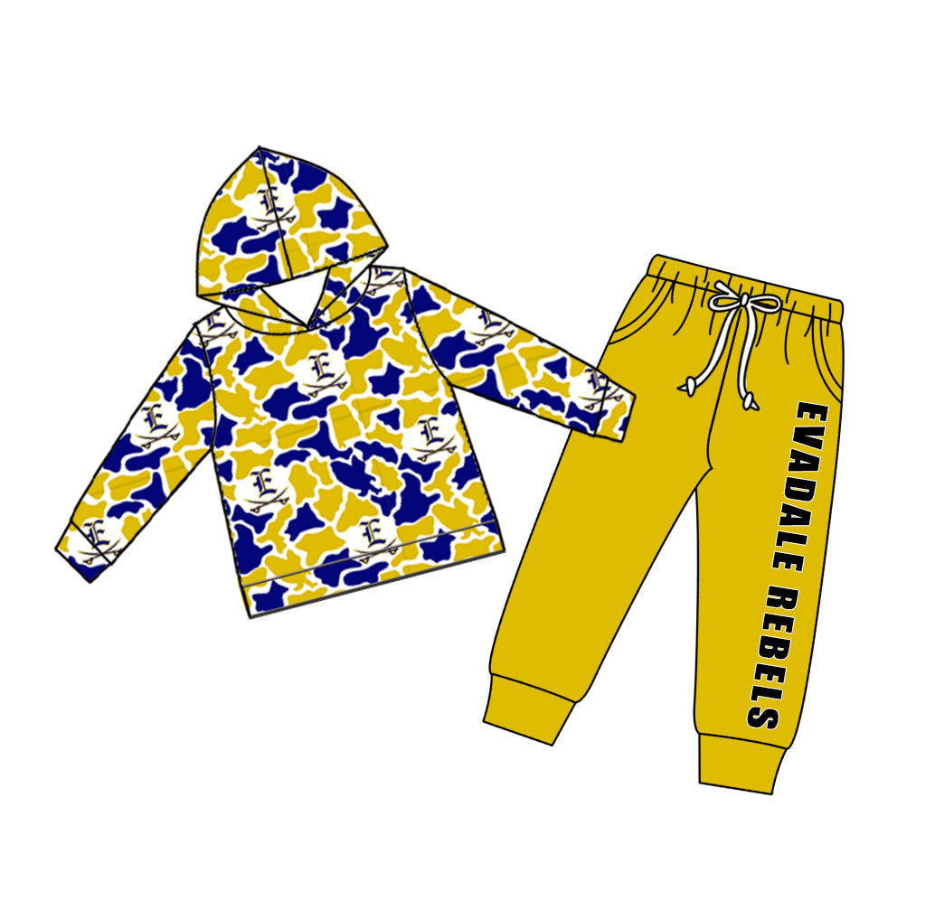 Preorder (moq5) Baby Boys Camo Evadale Rebels Hoodie Pockets Joggers Team Clothes Set
