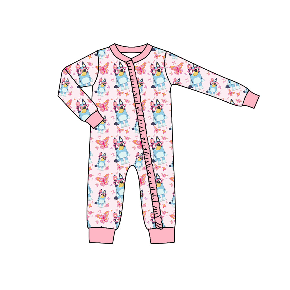 Baby Girls Pink Dogs Zip Long Sleeve Rompers preorder(moq 5)