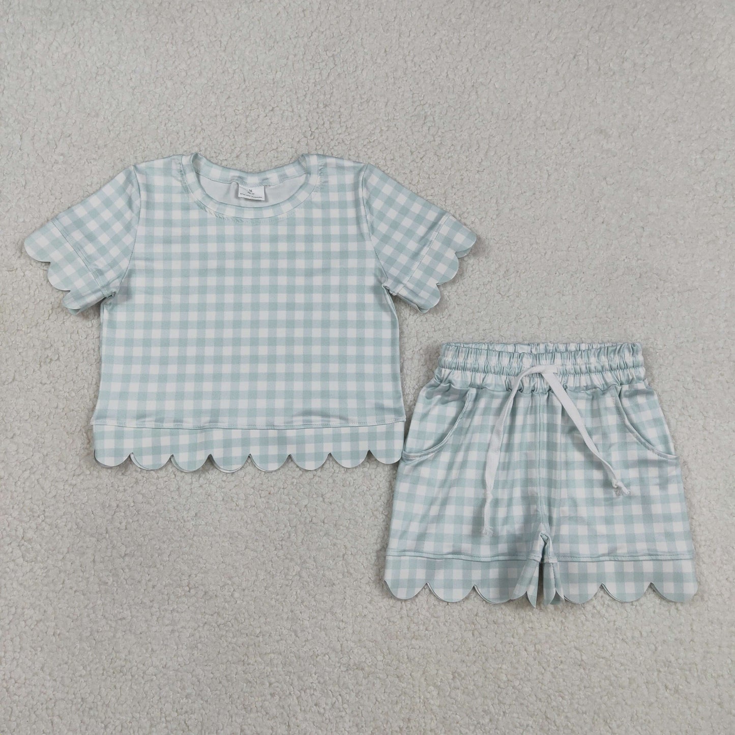 Baby Girls Light Blue Checked Shirts Top Scallop Pockets Short Clothes Set