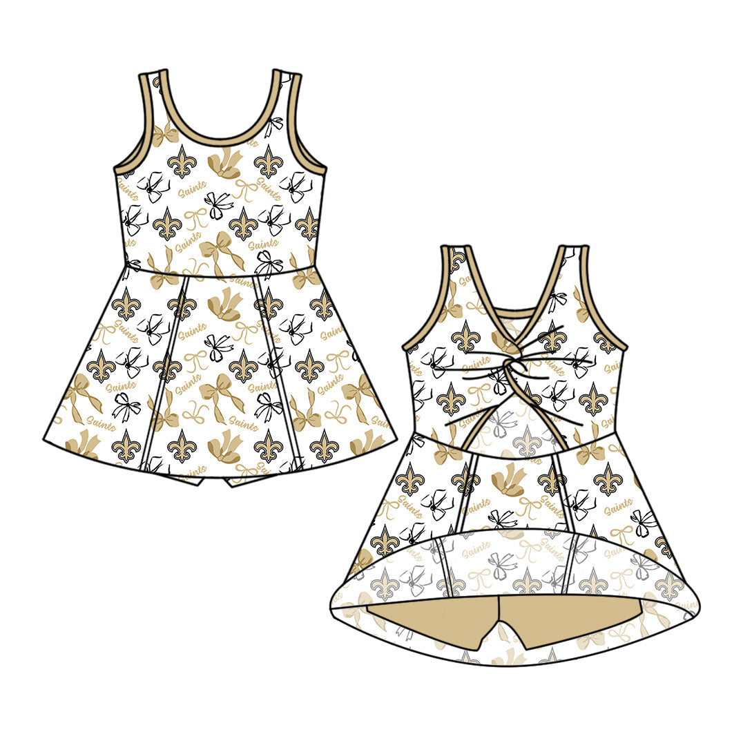 Preorder (moq 5)Baby Girls Sleeveless Gold Bows Saints Team Short Knee Length Dress