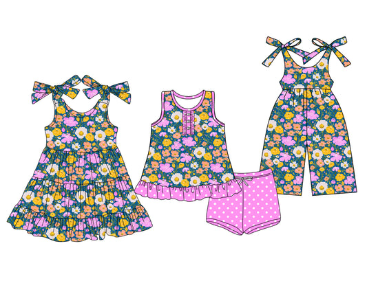 Preorder moq 5 Custom Baby Girls Colorful Flowers Button Tunic Pink Polka Dots Short Set Knee Length Dress Jumpsuits
