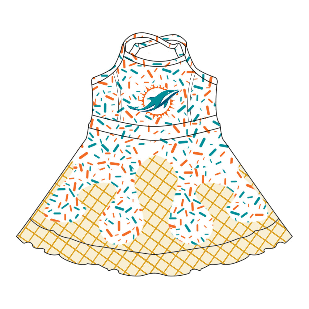 Preorder (moq 5)Baby Girls Drip Sprinkles Miami Dolphins Team Shorts Ruffle Knee Length Dress