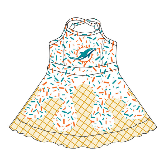 Preorder (moq 5)Baby Girls Drip Sprinkles Miami Dolphins Team Shorts Ruffle Knee Length Dress