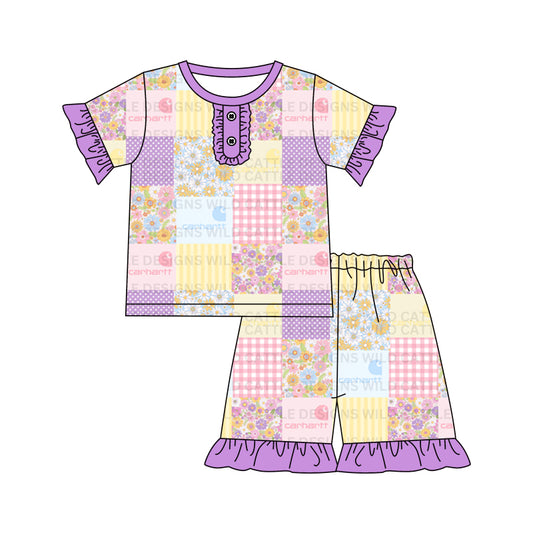 Baby Girls Purple Western Patchwork Summer Shirt Shorts Pajamas Clothes Sets preorder(moq 5)