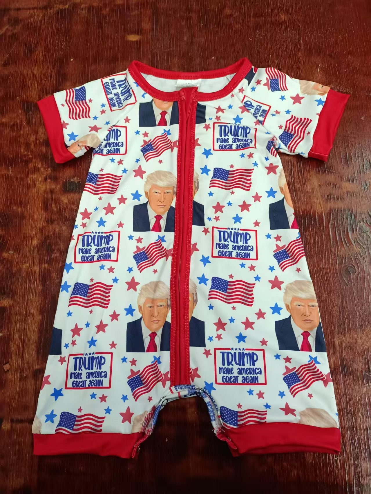 Preorder moq 5 Baby Boys Red Short Sleeves Flags Stars Trump 4th Of July Zipper Rompers