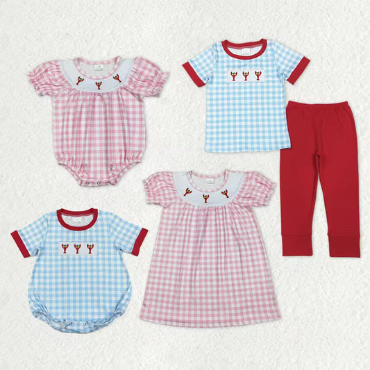 Sibling Baby Boys Girls Embroidery Anchor Crayfishes Mardigras Checked Clothes Set Dress Romper