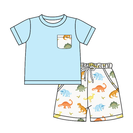 Preorder (moq 5)Baby Boys Blue Pocket Shirt Top Dinosaurs Shorts Outfits