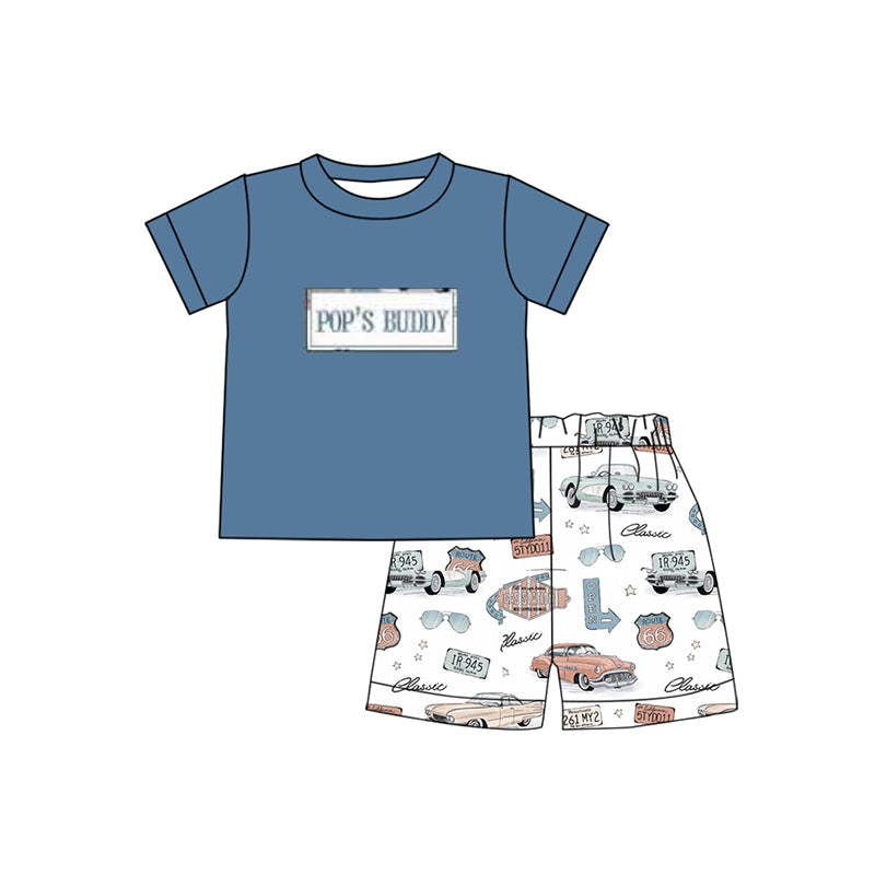 Preorder (moq 5)Baby Boys Blue Short Sleeves PAPA'S BUDDY Top Cars Short Set