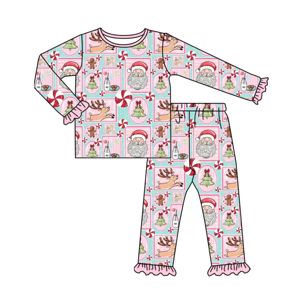 Preorder (moq 20)Baby Girls Bamboo Santa Trees Holly Christmas Pajamas Set