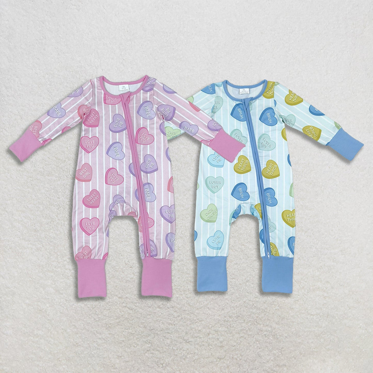 Sibling Baby Boys Girls Stripe Hearts XOXO Valentines Two Way Zip Convertible Rompers
