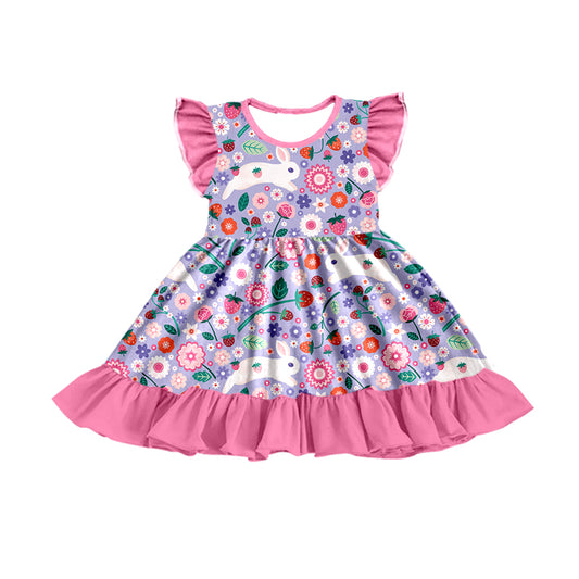 Baby Girls Flutter Sleeve Easter Rabbits Strawberry Ruffle Knee Length Dresses preorder(moq 5)