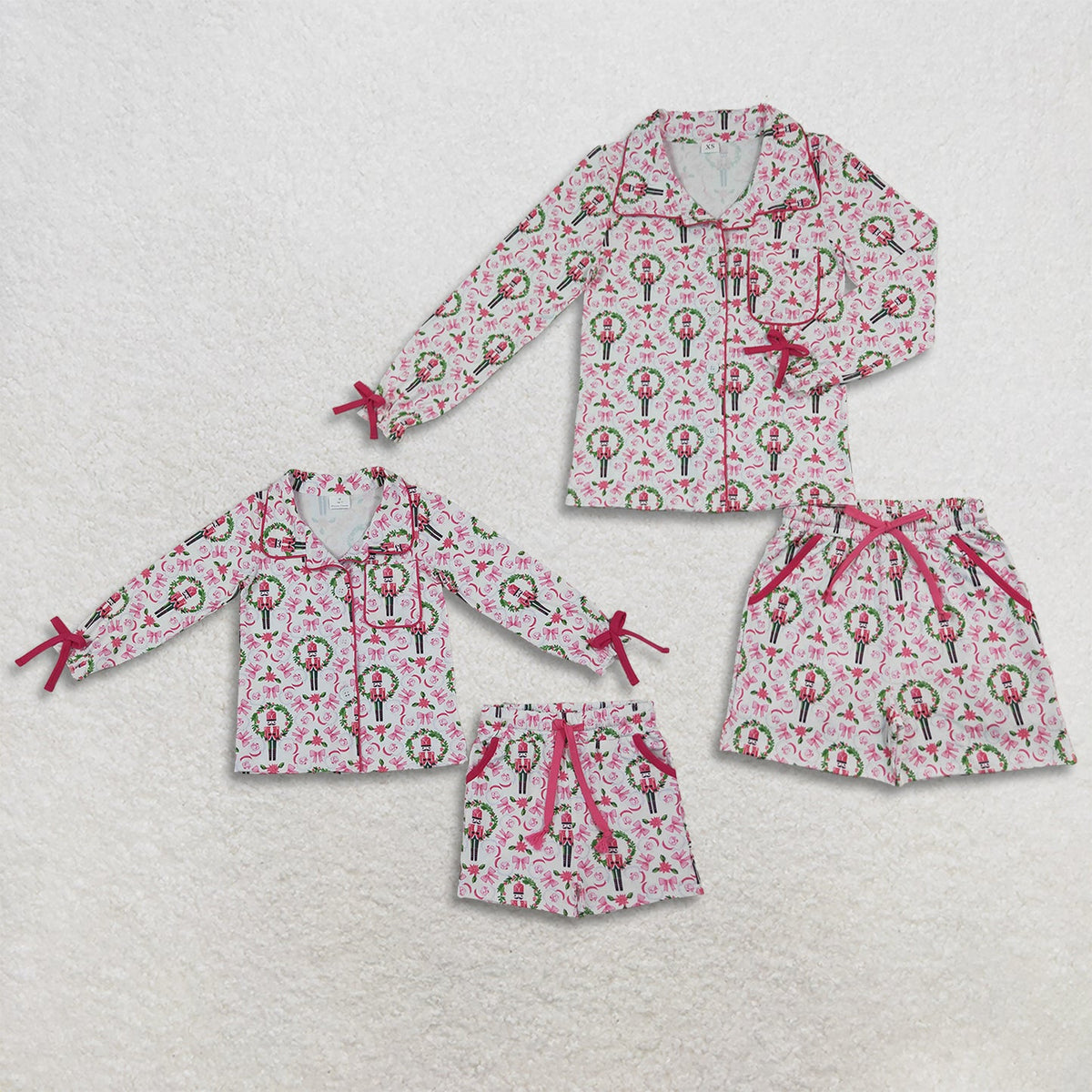 Mama and Me Girls Holly Soldiers Bows Button Pocket Long Sleeves Short Pajamas Sets