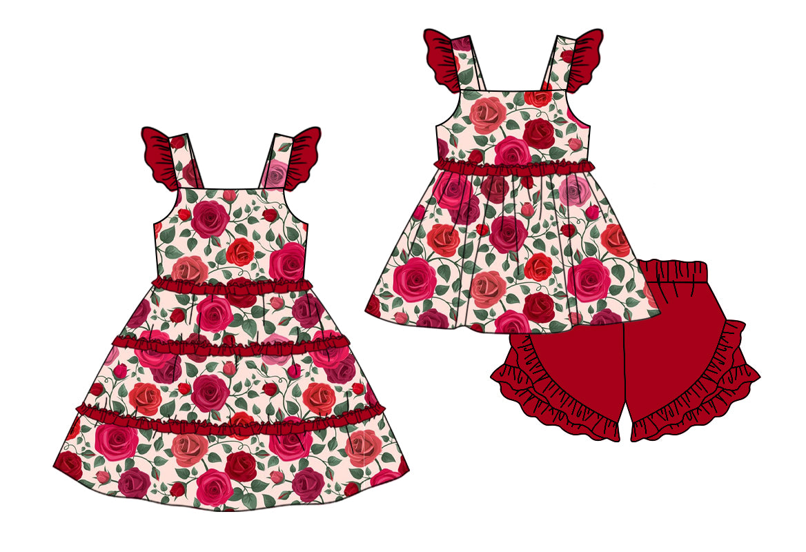 Preorder(moq 5 each) Baby Girls Red Rose Flowers Ruffles Summer Dress Shorts Sets