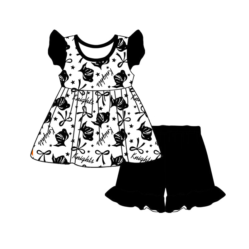 Cutom moq 5 Football Team Black Bows Flutter Sleeve Black Shorts Girls Set