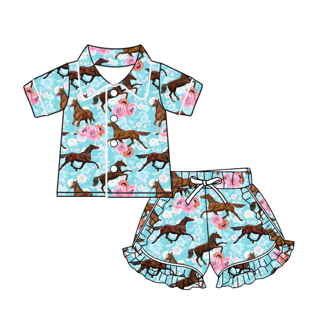 Baby Girls Western Horse Flowers Buttons Top Ruffle Shorts Pajamas Sets preorder(MOQ 5)