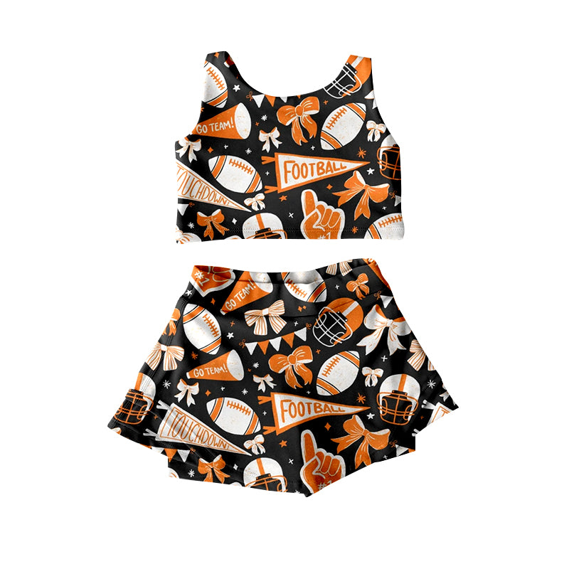 Preorder moq 5 Baby Girls Sleeveless Orange Football Cheer Plaid Vest Top Skorts Team Set