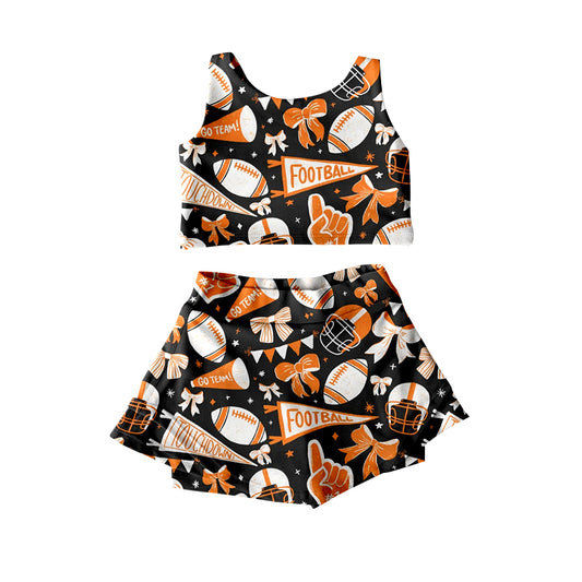 Preorder moq 5 Baby Girls Sleeveless Orange Football Cheer Plaid Vest Top Skorts Team Set