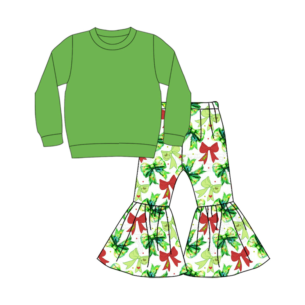 Preorder (moq 5)Baby Girls Green Color Shirt Top Bows Stars Bell Bottom Pants Christmas Clothes Sets