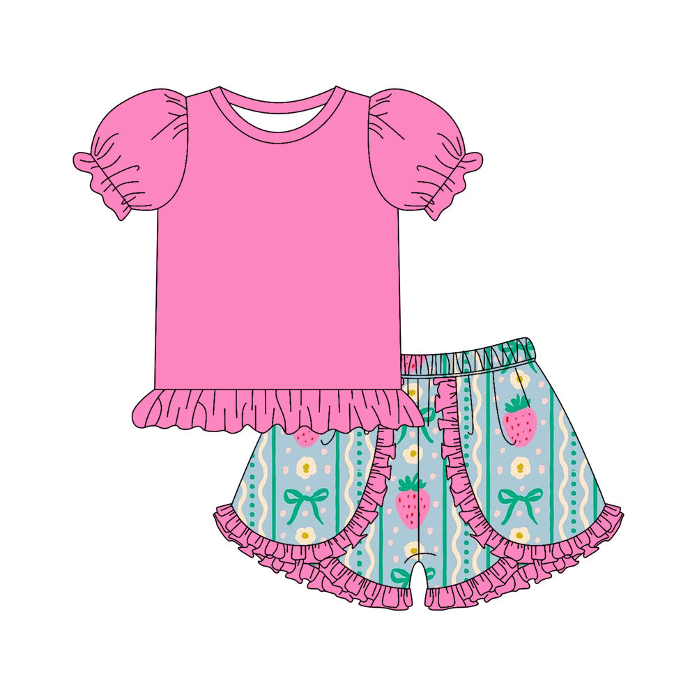 Preorder moq 5 Baby Girls Pink Short Ruffle Sleeves Tunic Strawberry Bows Ruffle Short Set