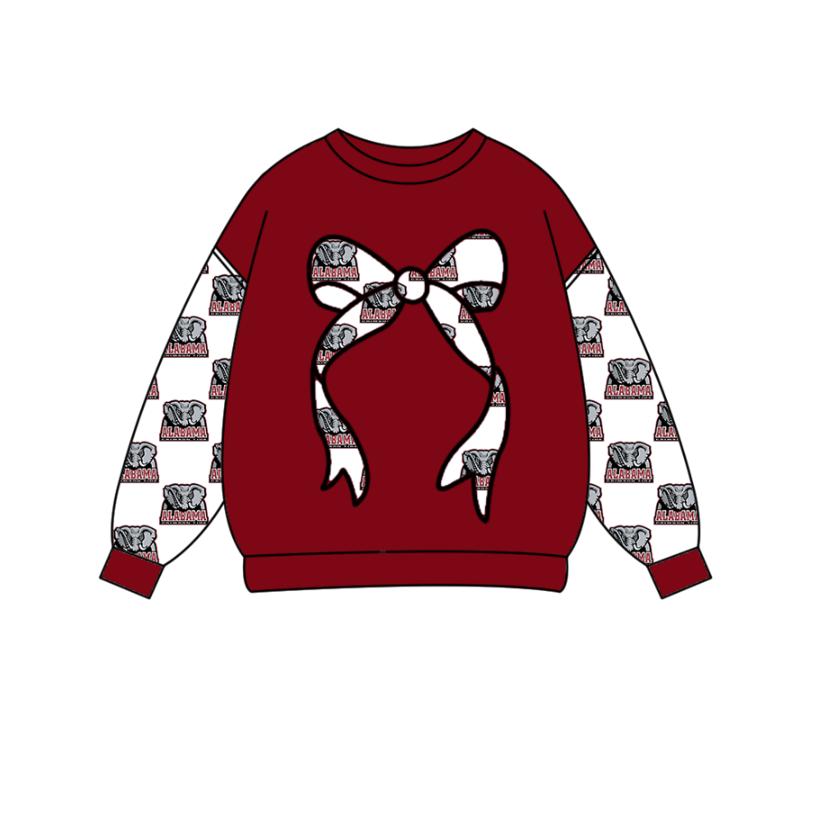 Preorder Moq 5 Baby Girls Dark Red Long Sleeve Alabama Bows Team Tee Shirts Top