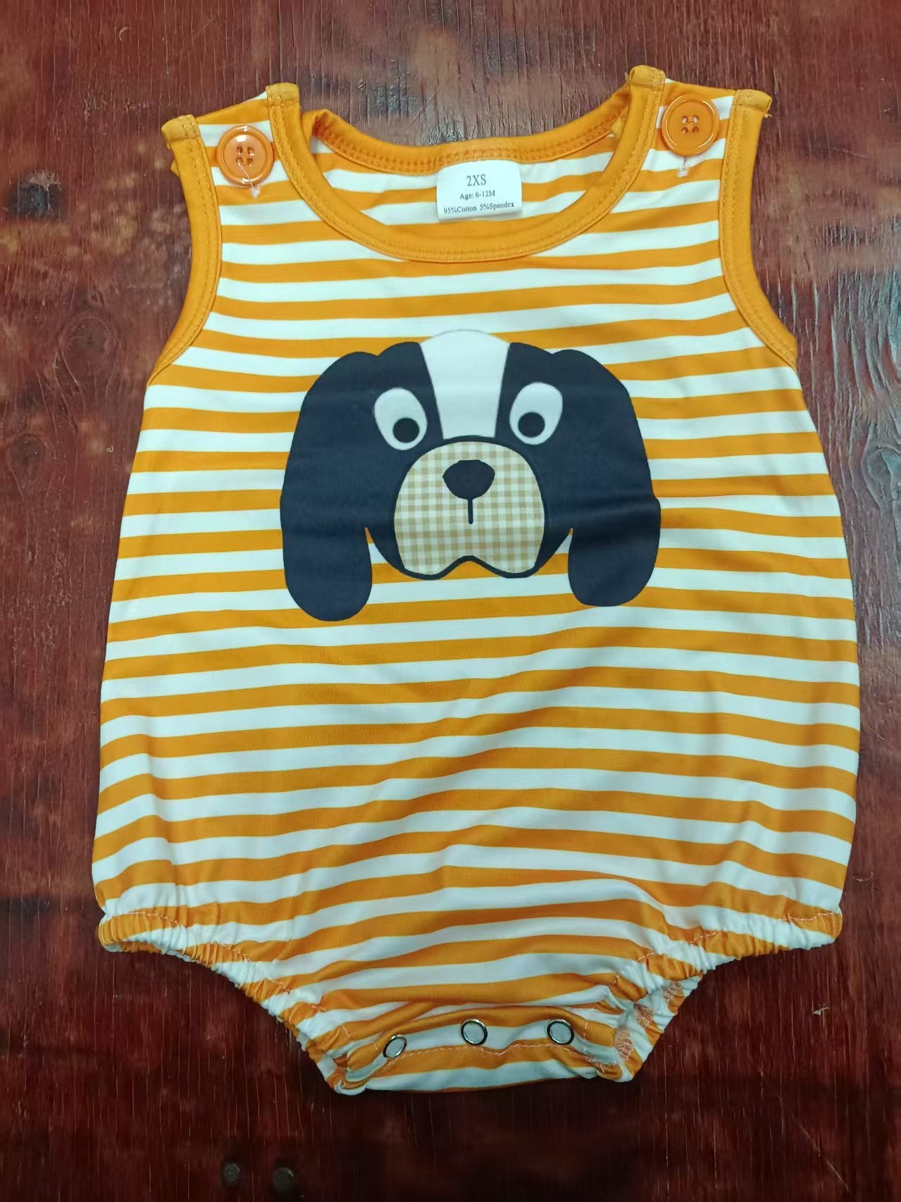 Preorder moq 5 Baby Boys Sleeveless Orange Stripe Dog Rompers