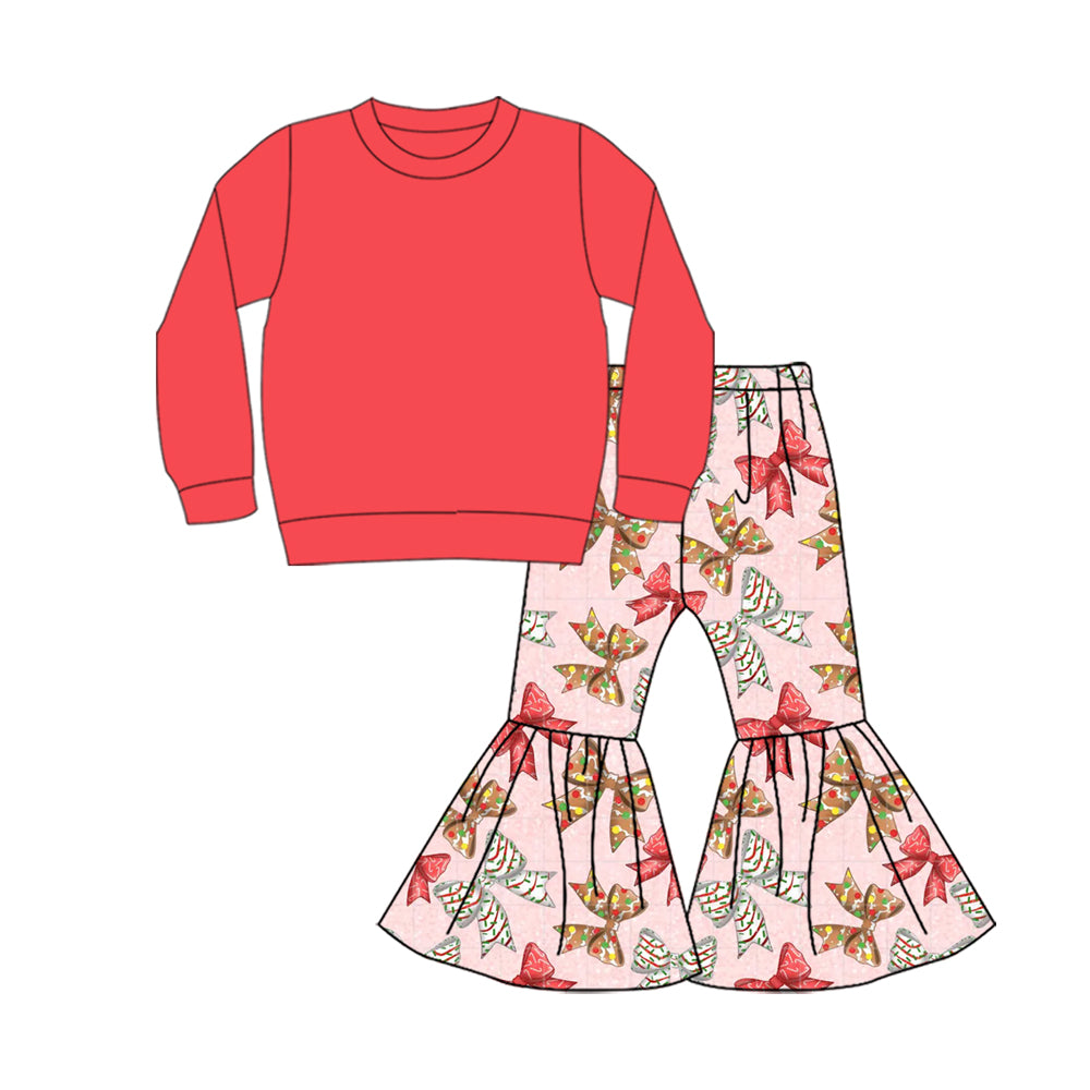 Preorder (moq 5)Baby Girls Watermelon Color Shirt Top Stripe Bows Bell Bottom Pants Christmas Clothes Sets