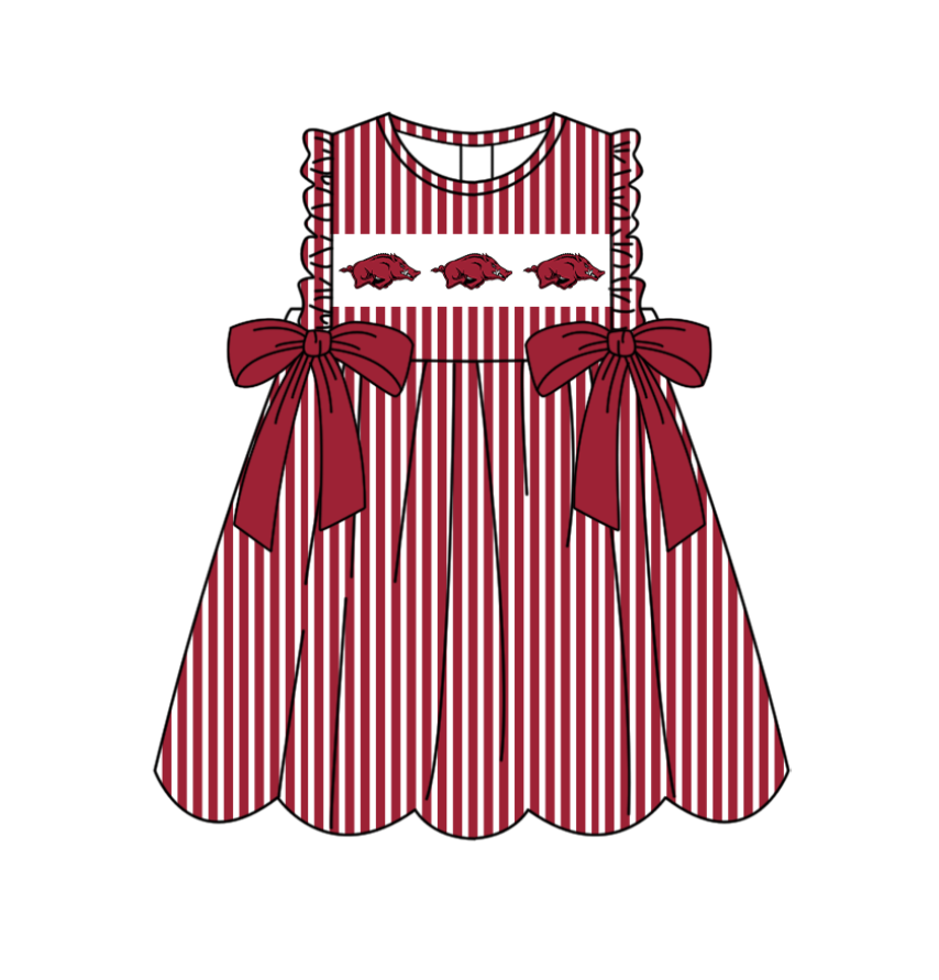 Preorder (moq 5)Baby Girls Sleeveless Red Stripe Bulls Bows Team Knee Length Dresses