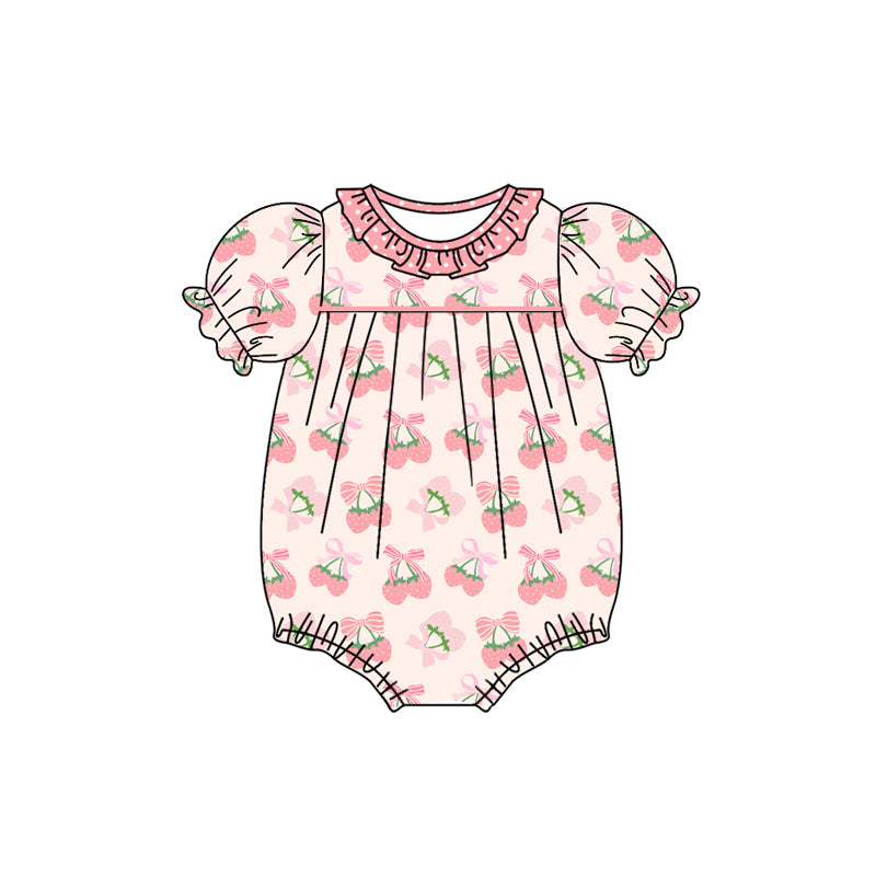 Baby Infant Girls Pink Strawberry Ruffle Buttons Rompers preorder(moq 5)