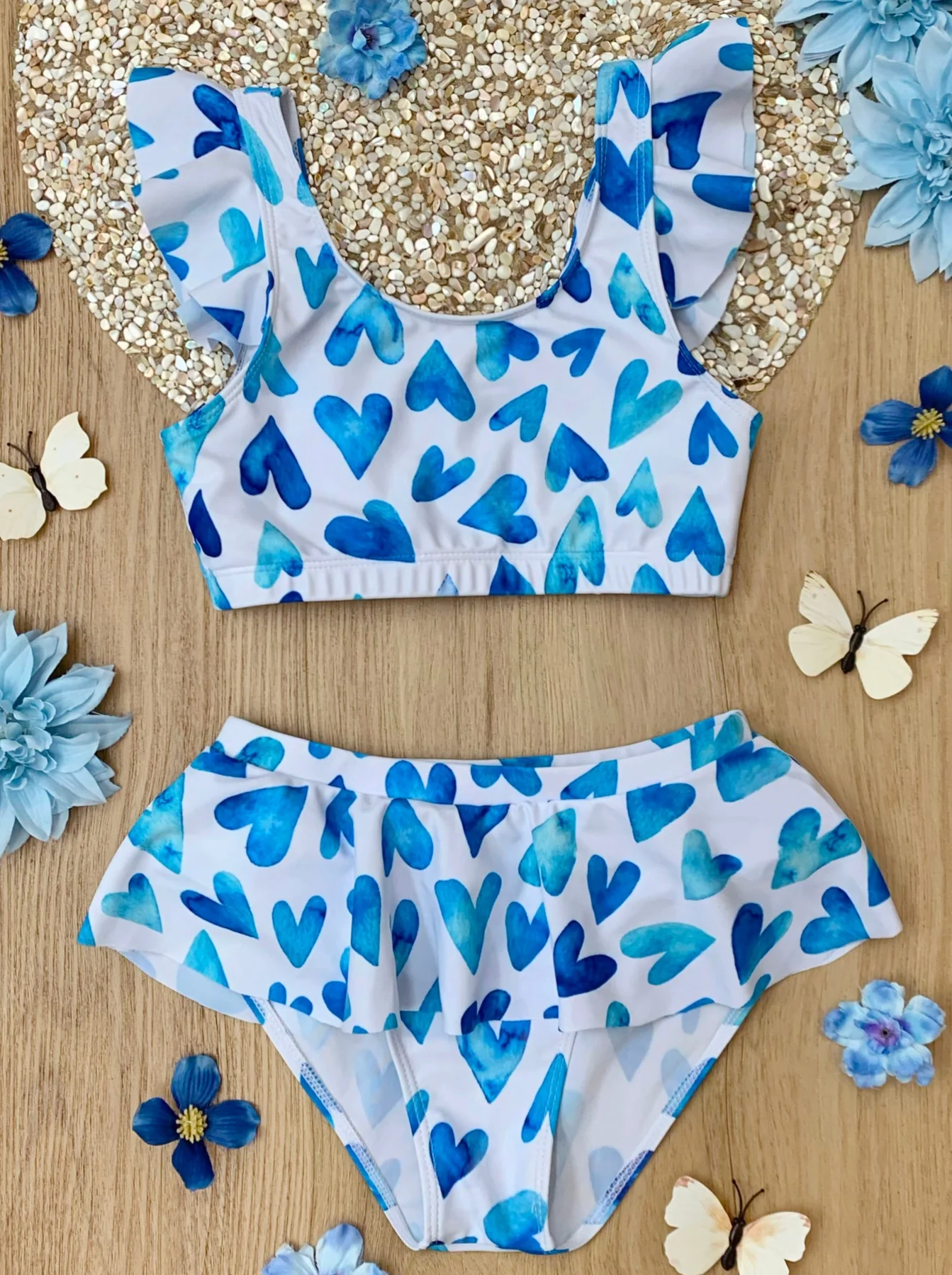 Baby Girls Hearts Flutter Sleeve Top Ruffle Bummie 2pcs Swimsuits preorder(moq 5)