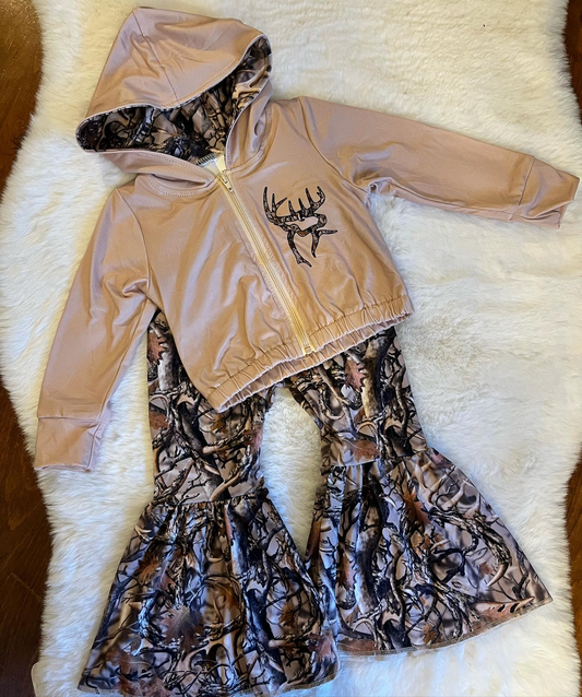 Baby Girls Camo Deer Hunting Hooded Tops Bell Pants Clothes Sets