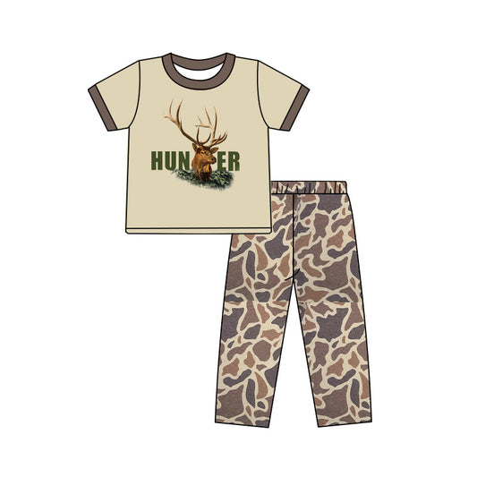 Baby Boys Short Sleeve Hunter Deer Tee Shirt Camo Brown Pants Clothes Sets Preorder(moq 5)
