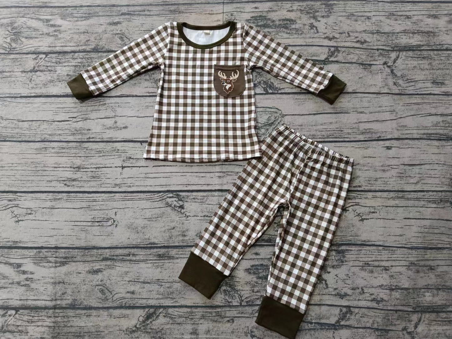 Baby Boys Deer Brown Checkered Tee Pants Pajamas Sets preorder(moq 5)