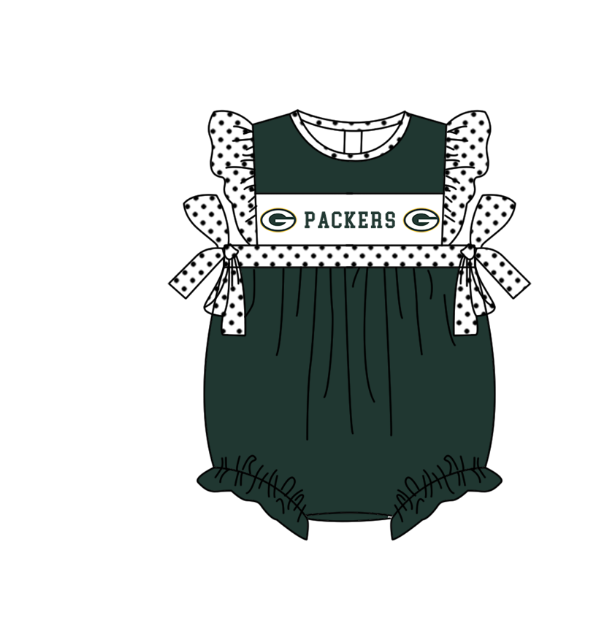 Preorder (moq 5)Baby Girls Polka Dots Flutter Sleeve Packers Team Ruffle Rompers