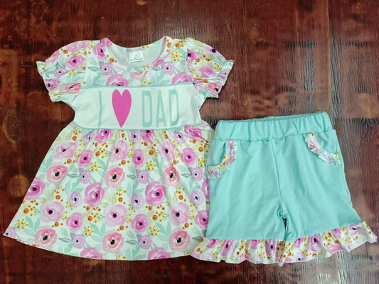 Preorder moq 5 Baby Girls Short Ruffle Sleeves Flowers I Love Dad Tunic Pockets Shorts Set
