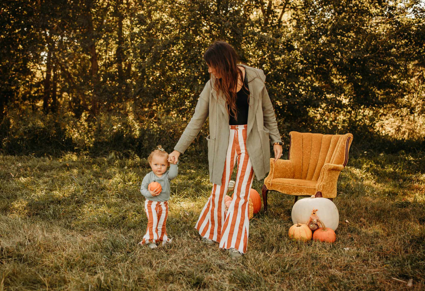 Mommy and Me Adult Baby Girls Orange/Brown Denim Bell Flare Pants Jeans