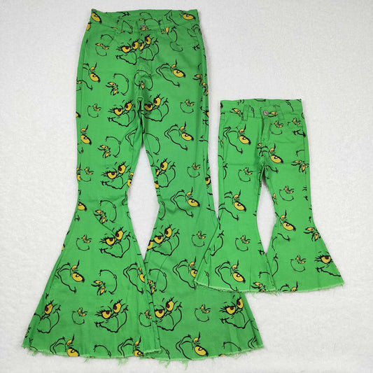 Mommy and Me Adult Baby Girls Christmas Green Frog Face Denim Bell Pants Jeans