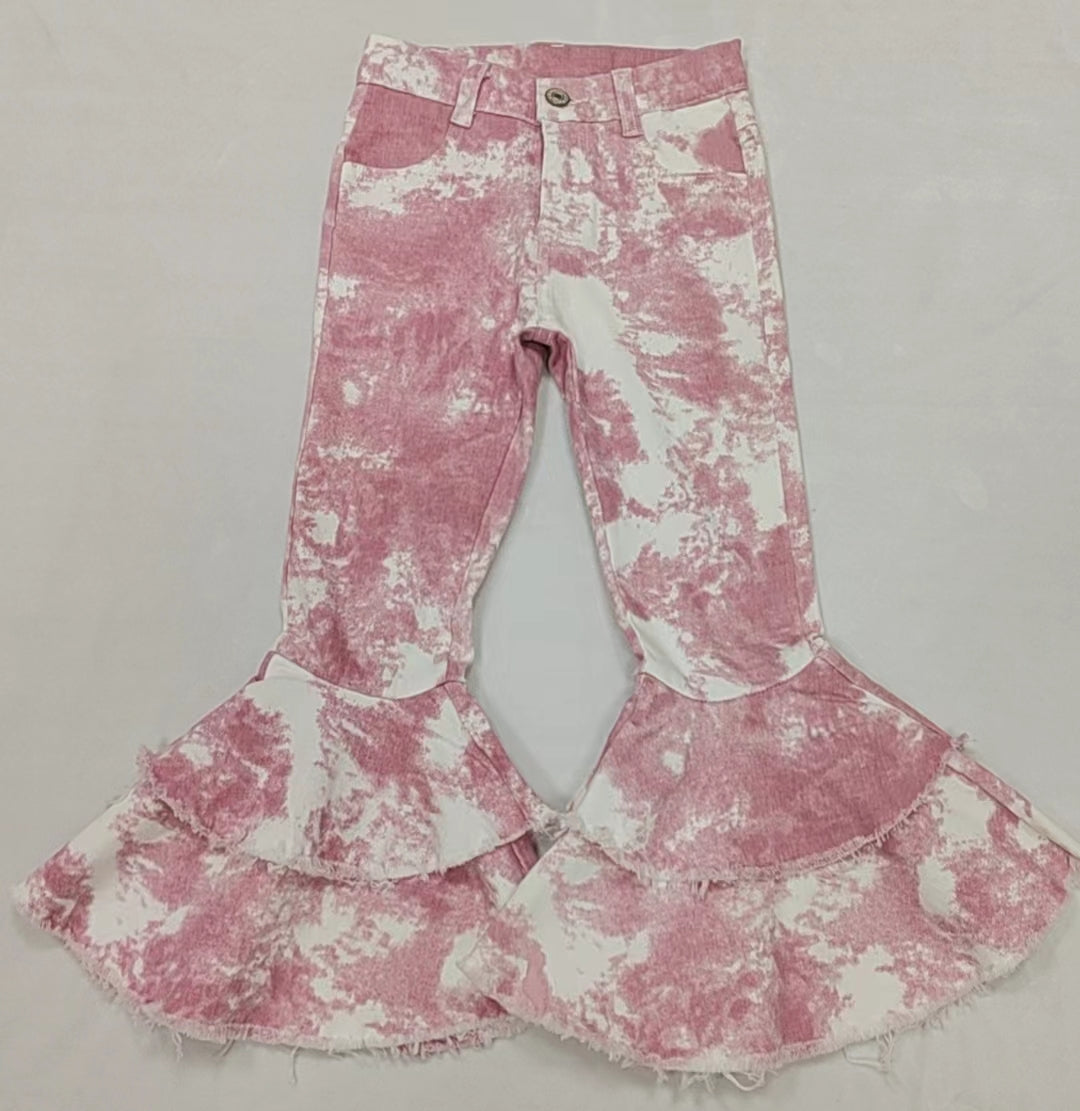 Baby Girls Pink Tie Dye Double Ruffle Bell Flare Denim Pants