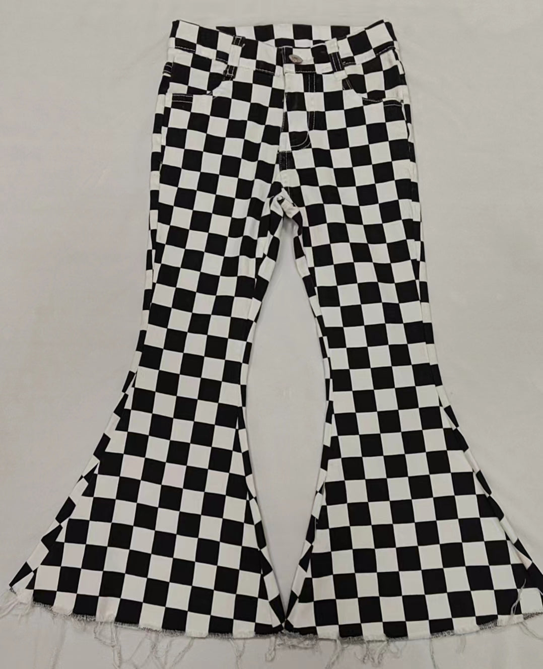 Baby Girls Black Checkered Bell Flare Denim Pants Jeans