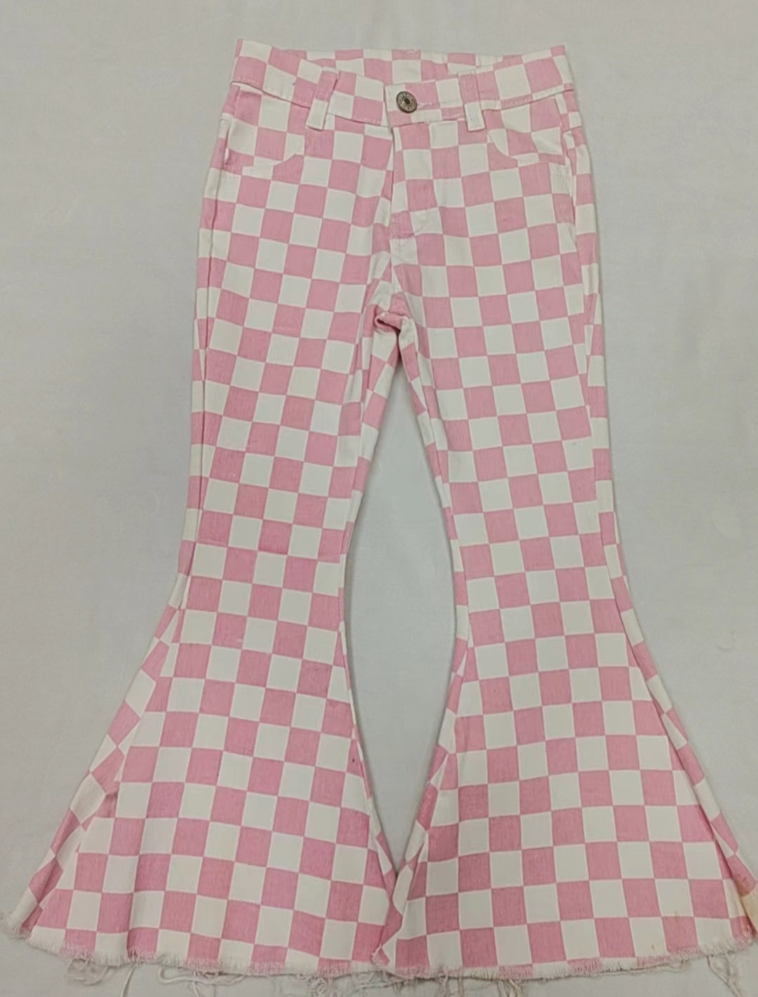 Baby Girls Pink Checkered Bell Flare Denim Pants Jeans