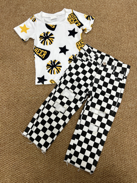 Baby Kids Cheer Black Shirt Checkered Denim Pants Clothes Sets