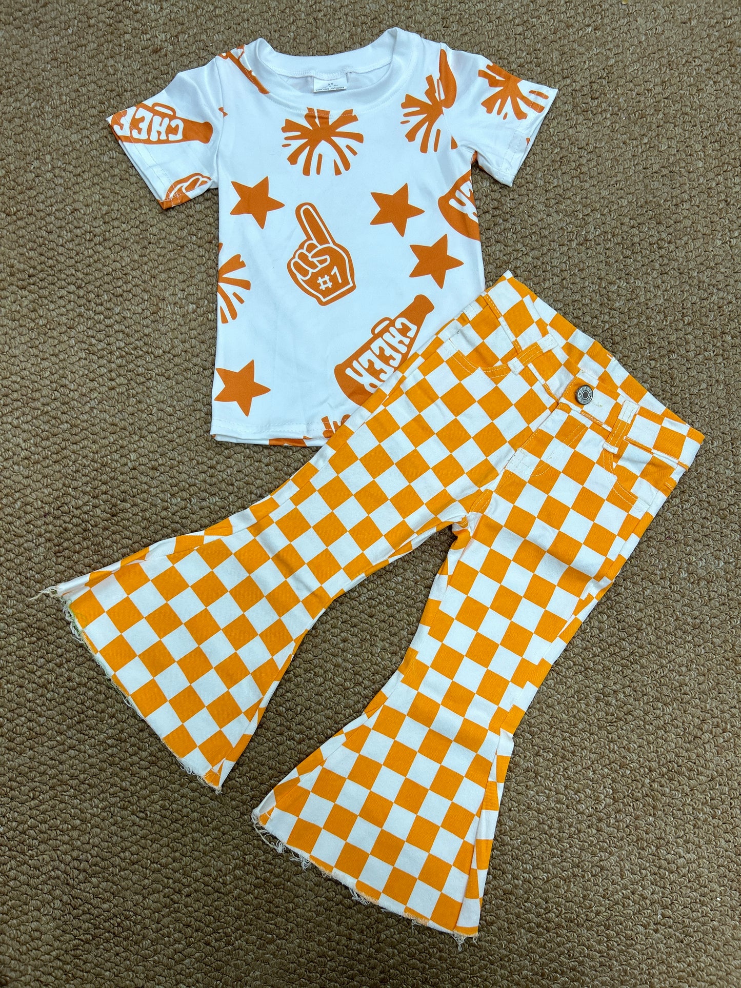 Baby Girls Cheer Orange Shirt Checkered Bell Denim Pants Clothes Sets