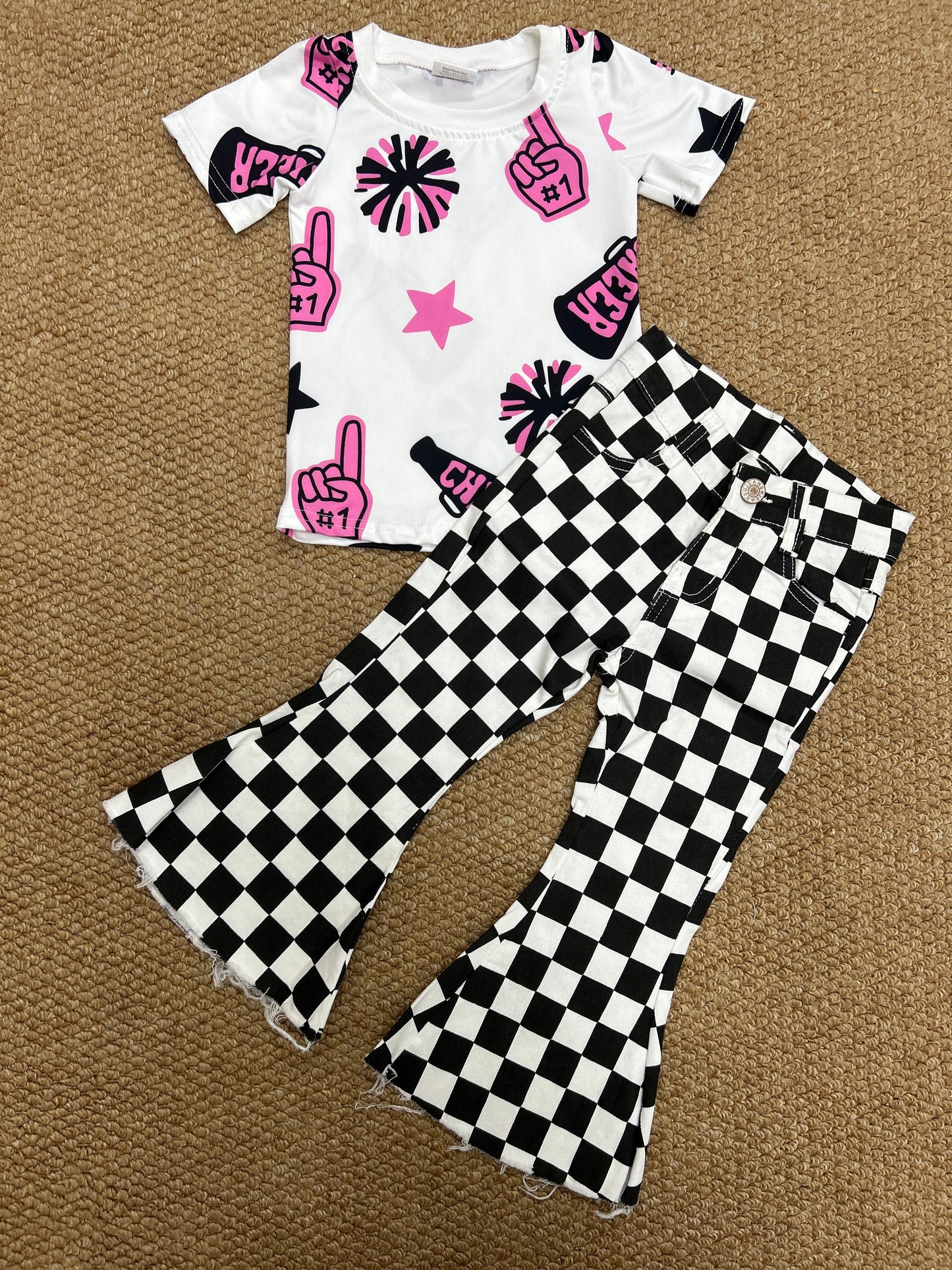 Baby Girls Cheer Pink Shirt Black Checkered Bell Denim Pants Clothes Sets