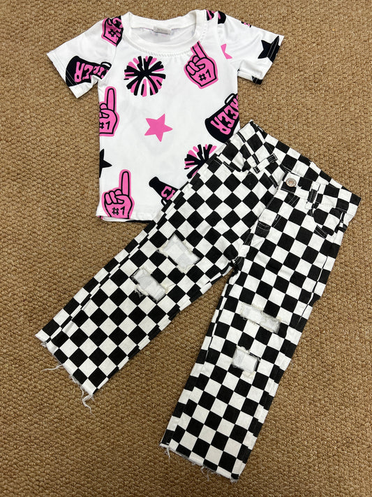 Baby Girls Cheer Pink Shirt Black Checkered Denim Pants Clothes Sets