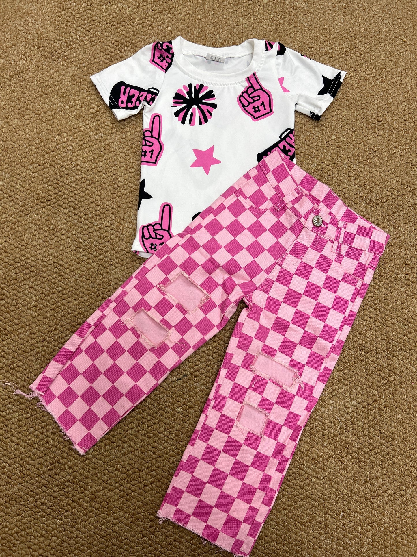 Baby Girls Cheer Pink Shirt Checkered Denim Pants Clothes Sets