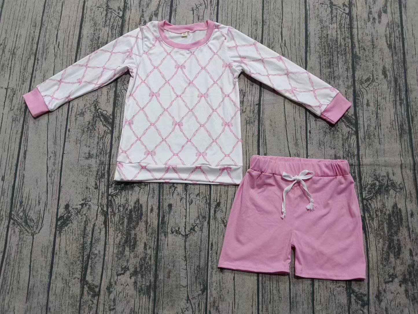 Preorder(moq 5) Baby Girls Pink Bows Long Sleeve Top Shorts Lounge Wear Pajamas Sets