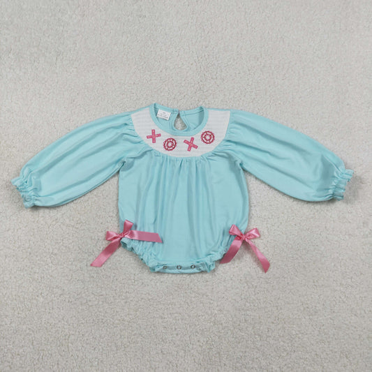 Smocked XOXO Baby Girls Bows Valentines Ruffle Rompers